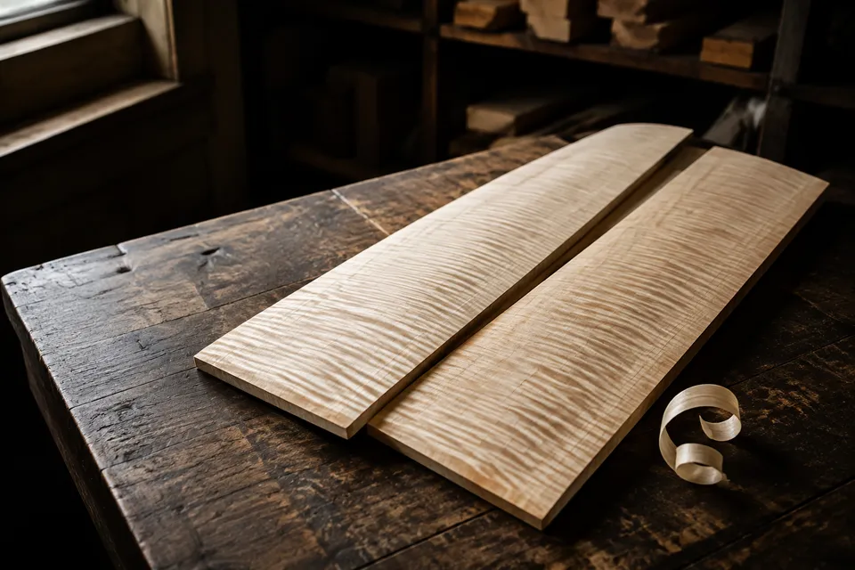 Flamed maple billets on a dark wooden workbench