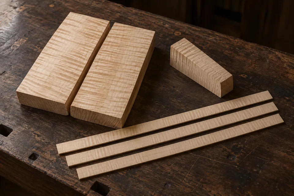 Maple back billets, a neck block and thin rib strips arranged on a dark wooden workbench