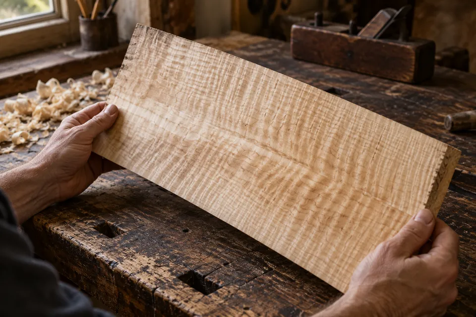 Hands examining the figure of a flamed maple billet on a wooden workbench
